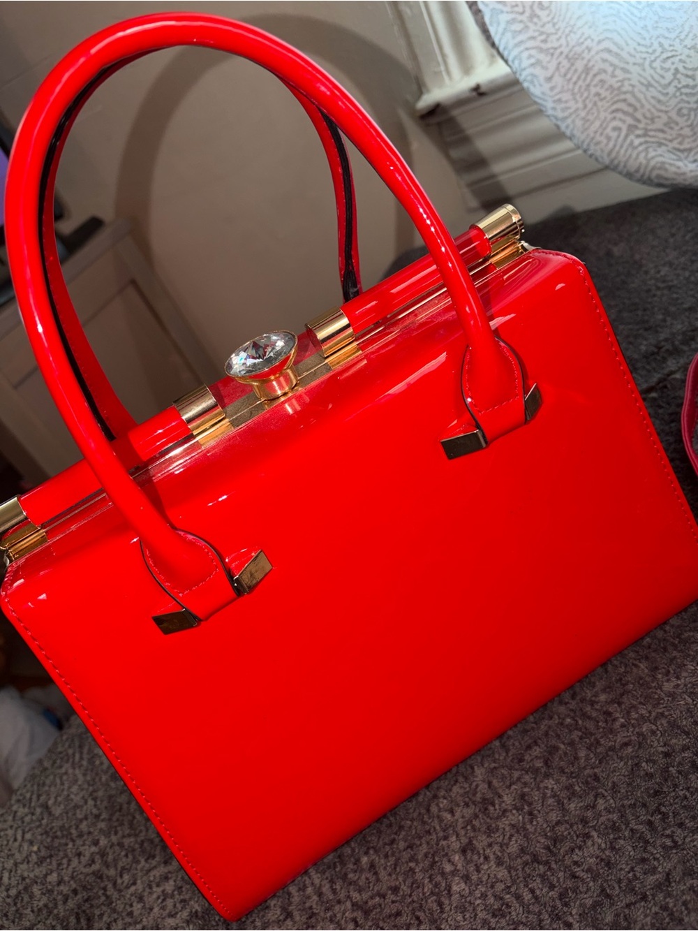 Red Patent Top-Handle Women's Handbag with Crystal Accent